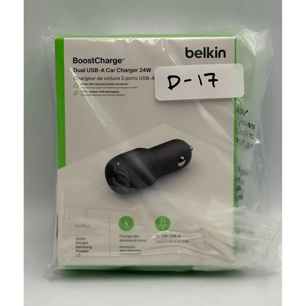 New Belkin BoostCharge 24W Dual USB-A Car Charger Adapter for iPhone Samsung